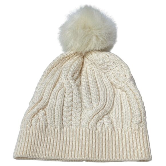CLUB MONACO Adorelli Hat Cable Knit Wool Beanie with Faux Fur Pompom Cream - Picture 7 of 8